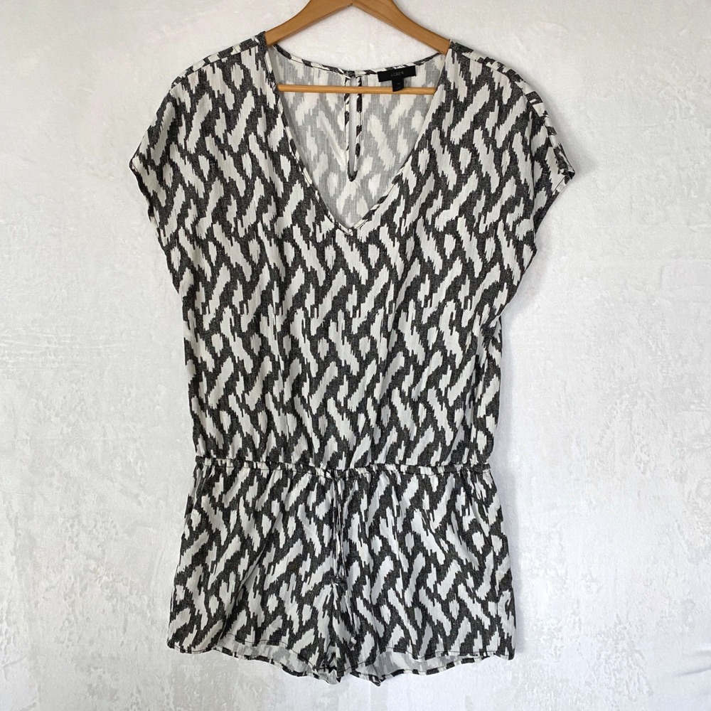 J Crew Women's Black‎ White Ikat Print One-Pc Romper Jumpsuit Elastic Waist M